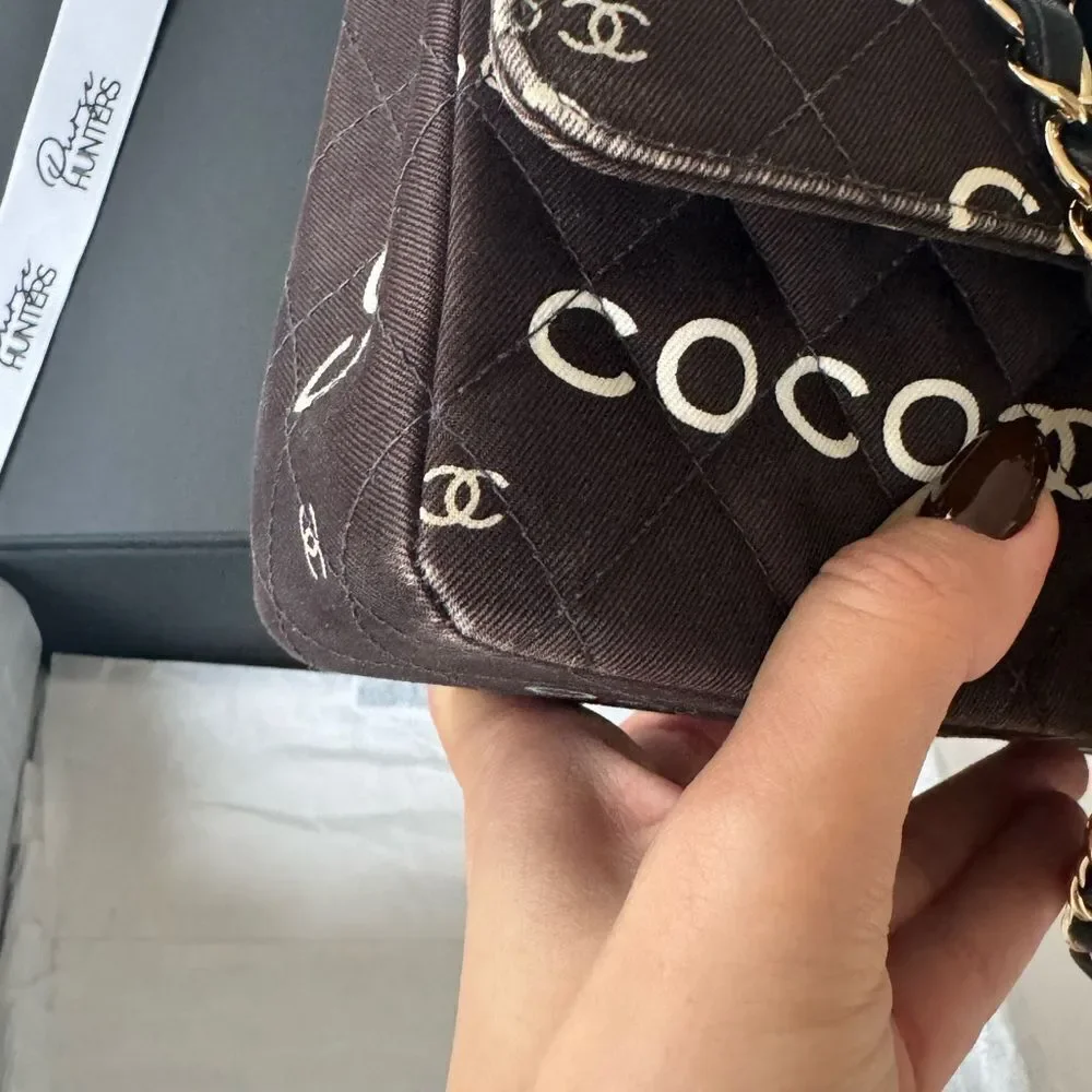Chanel Canvas Coco Print Quilted Medium Classic Flap Double Flap Black White - Picture 7 of 16